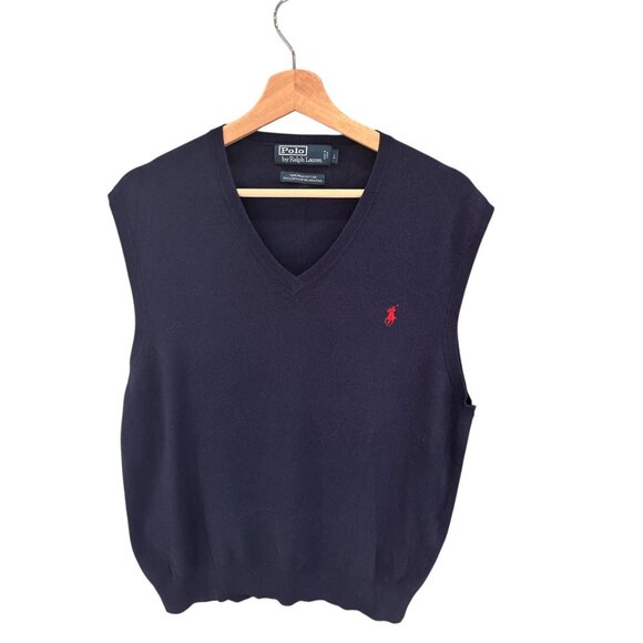 VGT  academia Polo Ralph Lauren Mens Navy Blue Pima Cotton Sleeveless V-Neck - Picture 1 of 5